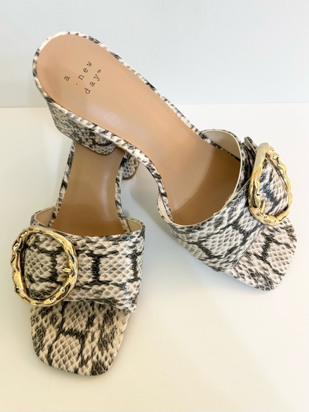 a new day Black/Cream Snake-Print Mules with Gold Buckle 2 1/2” Heel Size 8